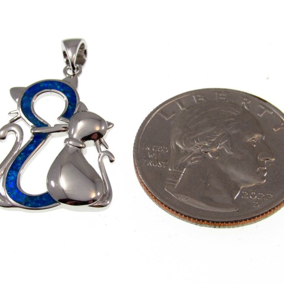 Solid 925 Sterling Silver and Lab Created Blue or White Opal Twin Cats Pendant - Picture 7 of 10